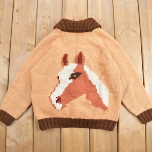 Vintage 1960s Horse Cowichan Knit Cardigan Sweater / Outdoor / Wilderness / Wool Sweatshirt / Outerwear / True Vintage / Youth Large