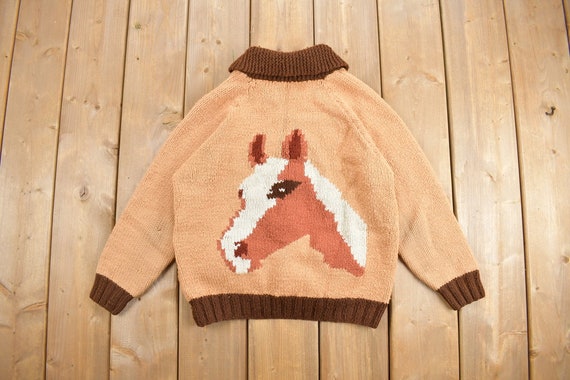 Vintage 1960s Horse Cowichan Knit Cardigan Sweate… - image 1