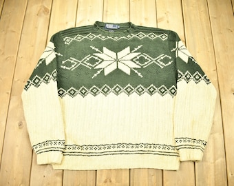 Vintage 1990s Polo Ralph Lauren Snowflake Knit Crewneck Sweater / Vintage Polo / Outdoorsman / Earth Tones / Vintage Ralph Lauren