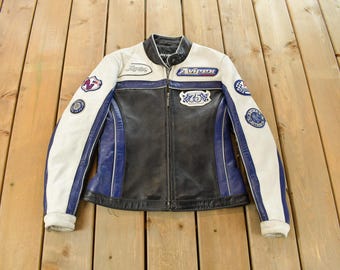 Vintage 1990s Avirex Racing Leather Varsity Jacket Women's S / Avirex Jacket / Patchwork / Moto Jacket Biker