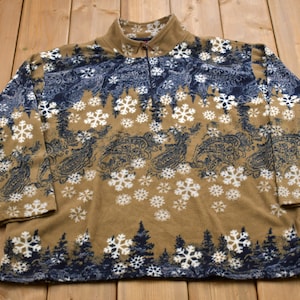 Vintage 1990s Essentials Snow All Over Print Quarter Zip Fleece Sweater / Sportswear / 90s Quarter Zip / Athleisure / Paisley Print