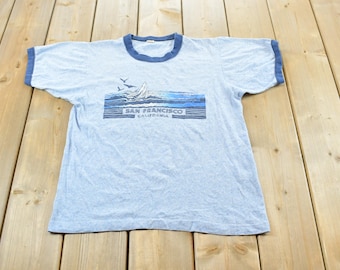 Vintage 1980s San Francisco Sailboat Souvenir Ringer T Shirt Mens S / Vacation Travel Tee / 80s Screen Stars / Made in USA / Single Stitch