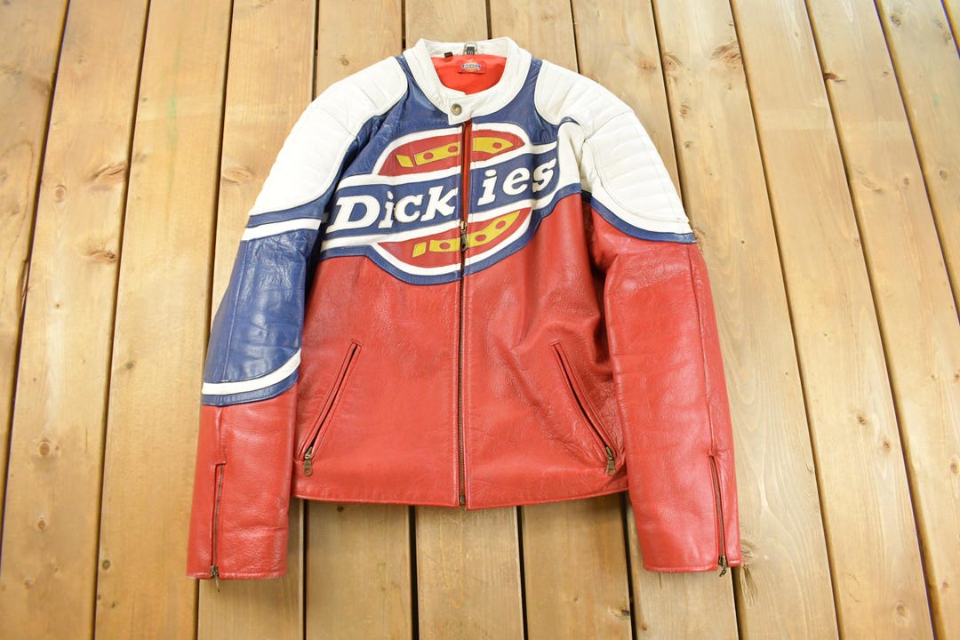 Vintage 1980s Dickies Leather Biker Racing Jacket Men's Large