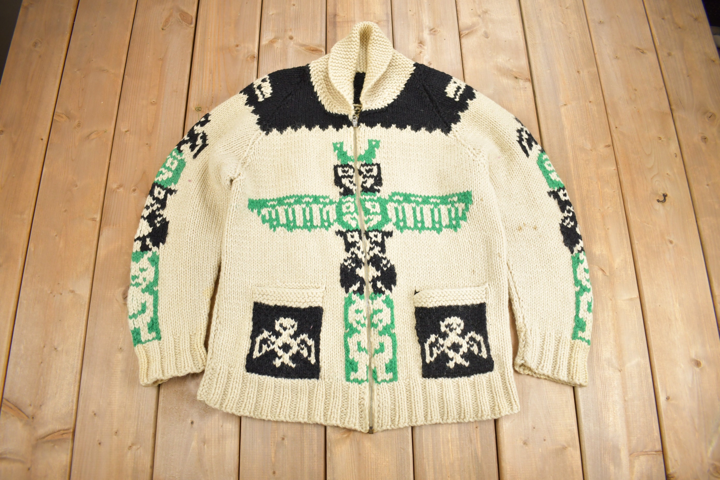 Vintage 1950s Hand-knit Totem Pole Cowichan Sweater / Wool / True 