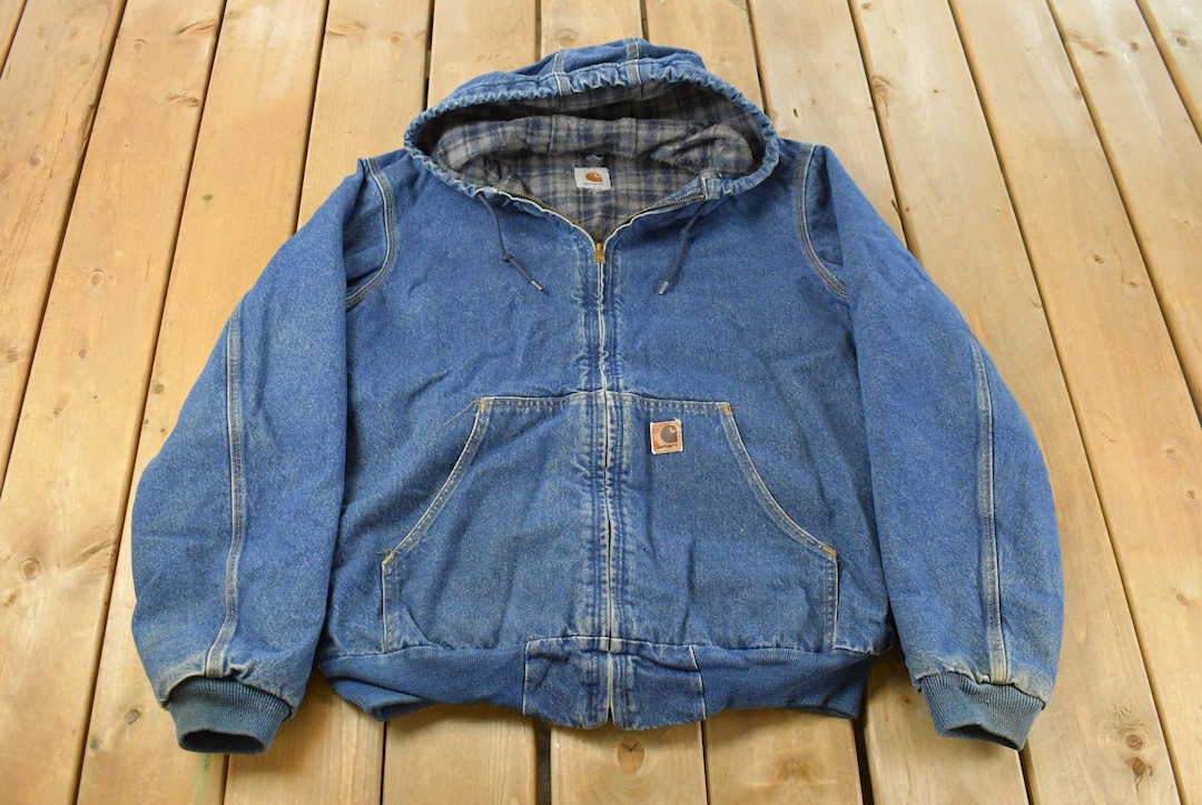Vintage 1990s Carhartt Denim Flannel Lined Hooded Jacket Men's