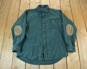 Vintage 1990s Pendleton Green Button Up Shirt / 100% Virgin Wool / Leather Accents / Outdoorsman / Made In USA / Size L Long