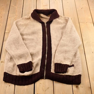 Vintage 1970s Knit Color Block Zip Up Cardigan Sweater / Heavyweight Cardigan / Cozy Knitwear / Vintage Knitwear