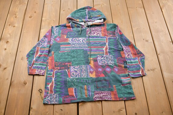 Vintage 1990s Basic Editions All Over Patchwork Patterned Hoodie 