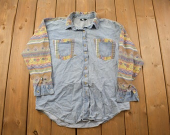 Vintage 1990s SKM Abstract Denim Button Up Shirt / 1990s Button Up / Vintage Flannel / Basic Button Up
