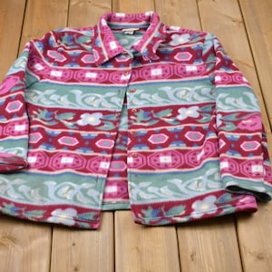 Vintage 1990s Carrol Reed All Over Print Fleece Sweater / Sportswear / 90s Button Up / Made In Canada / Athleisure / Hiking / Fleece Shirt