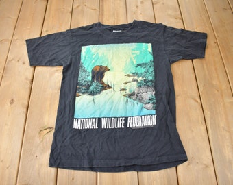 Camiseta gráfica vintage de 1990 con temática de oso grizzly, con costuras sencillas, fabricada en EE. UU., talla L