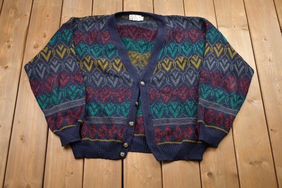 Vintage 1990s Sears Abstract Cardigan Sweater / Vintage Cardigan / Button Up / Patchwork / Embroidered / Made In USA