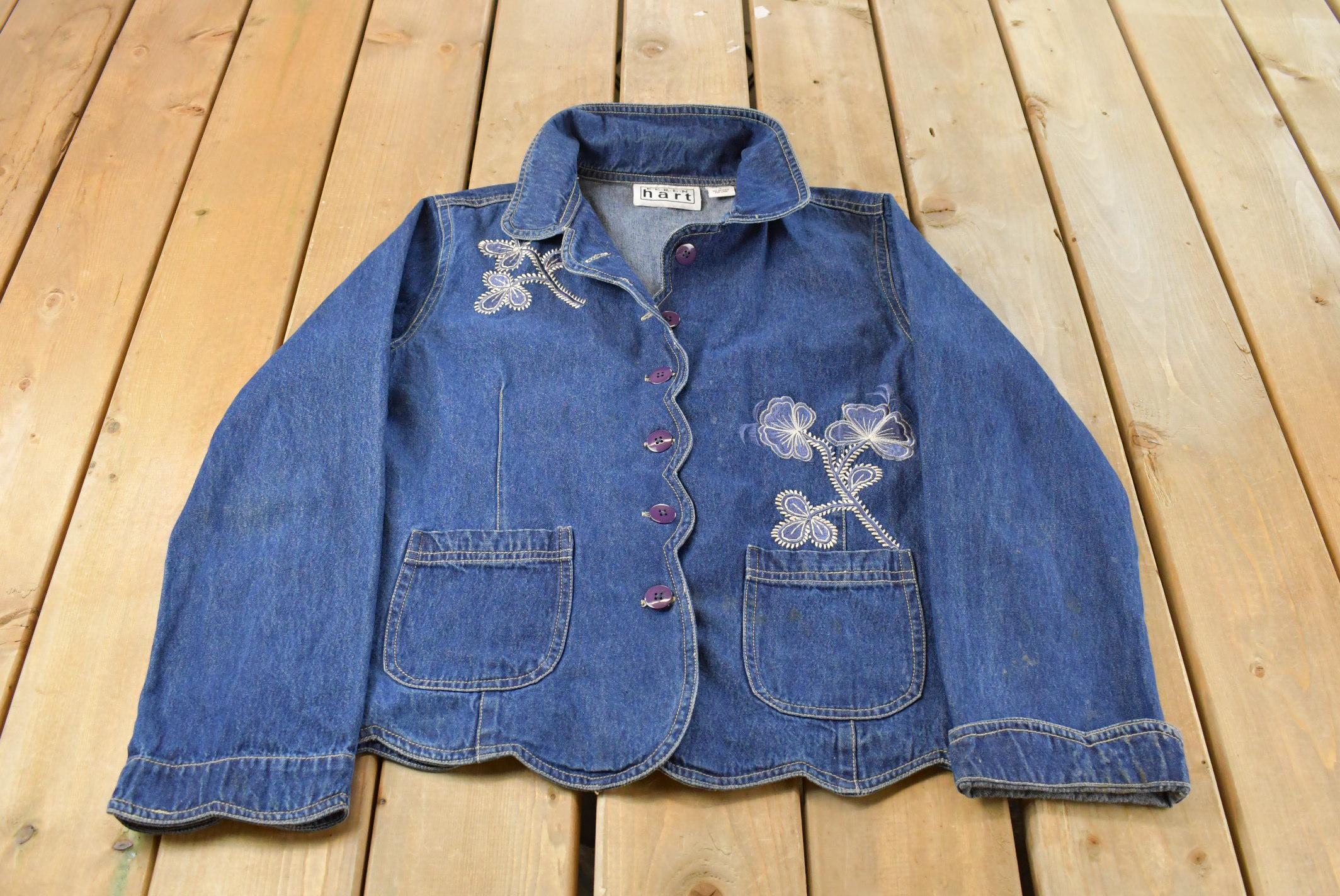 Vintage 1990s Keren Hart Denim Floral Embroidered Button up Shirt 