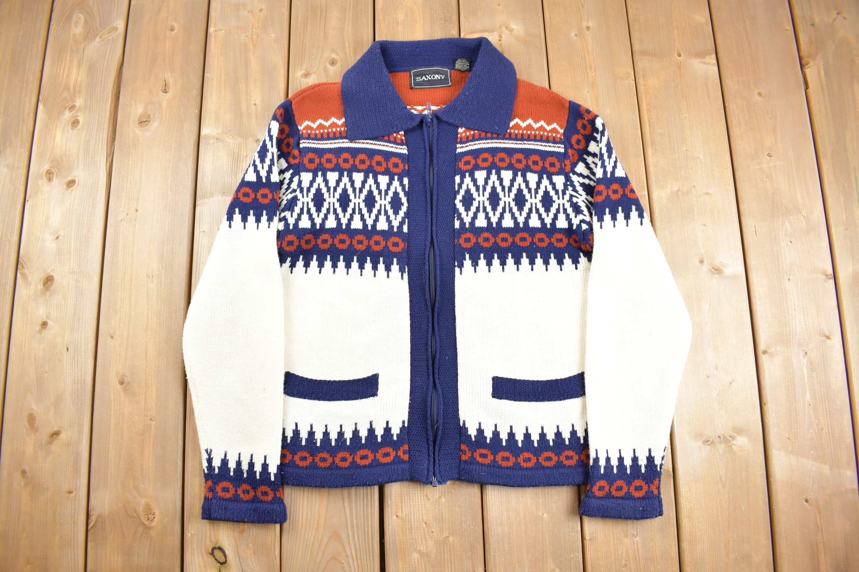 Vintage 1990s Saxony Knit Zip up Sweater / Vintage Cardigan 
