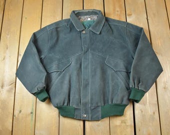 Vintage 1990s Full Stop Suede Green Paisley Lined Bomber Jacket Made In USA