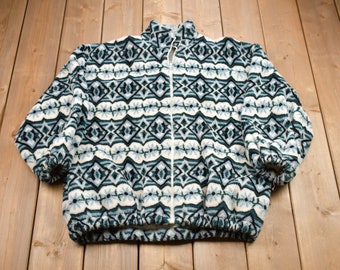 Vintage 1990s All Over Print Full Zip Fleece Sweater / All Over Print /90s Aztec Print Fleece / Athletic Pull Over / Abstract Art Pattern