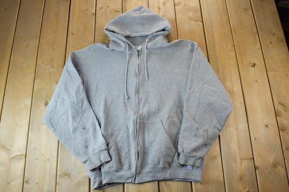 Vintage 1990s Russell Full Zip Blank Grey Hoodie Sweatshirt / 90s