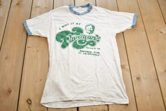 Vintage 1980s "I Got It At Flanigan's" Brother Jims Ft Lauderdale Souvenir Ringer Shirt / Vacation Tee / Travel T Shirt
