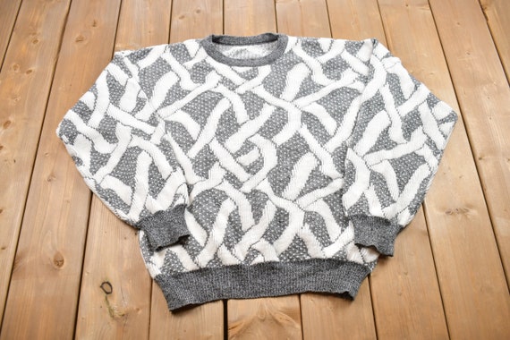 Vintage 1990s Grey Patterned Knit Crewneck Sweate… - image 1