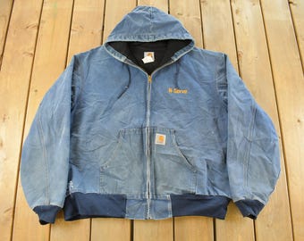 Vintage 1990s Distressed Carhartt Hooded Work Jacket Men's 3XL / Workwear / Sun Faded / Streetwear