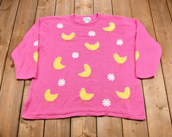 Vintage 1990s Quaker Factory Duck Theme Knit Sweater / Vintage Crewneck / Pink Sweater / Vintage Knit