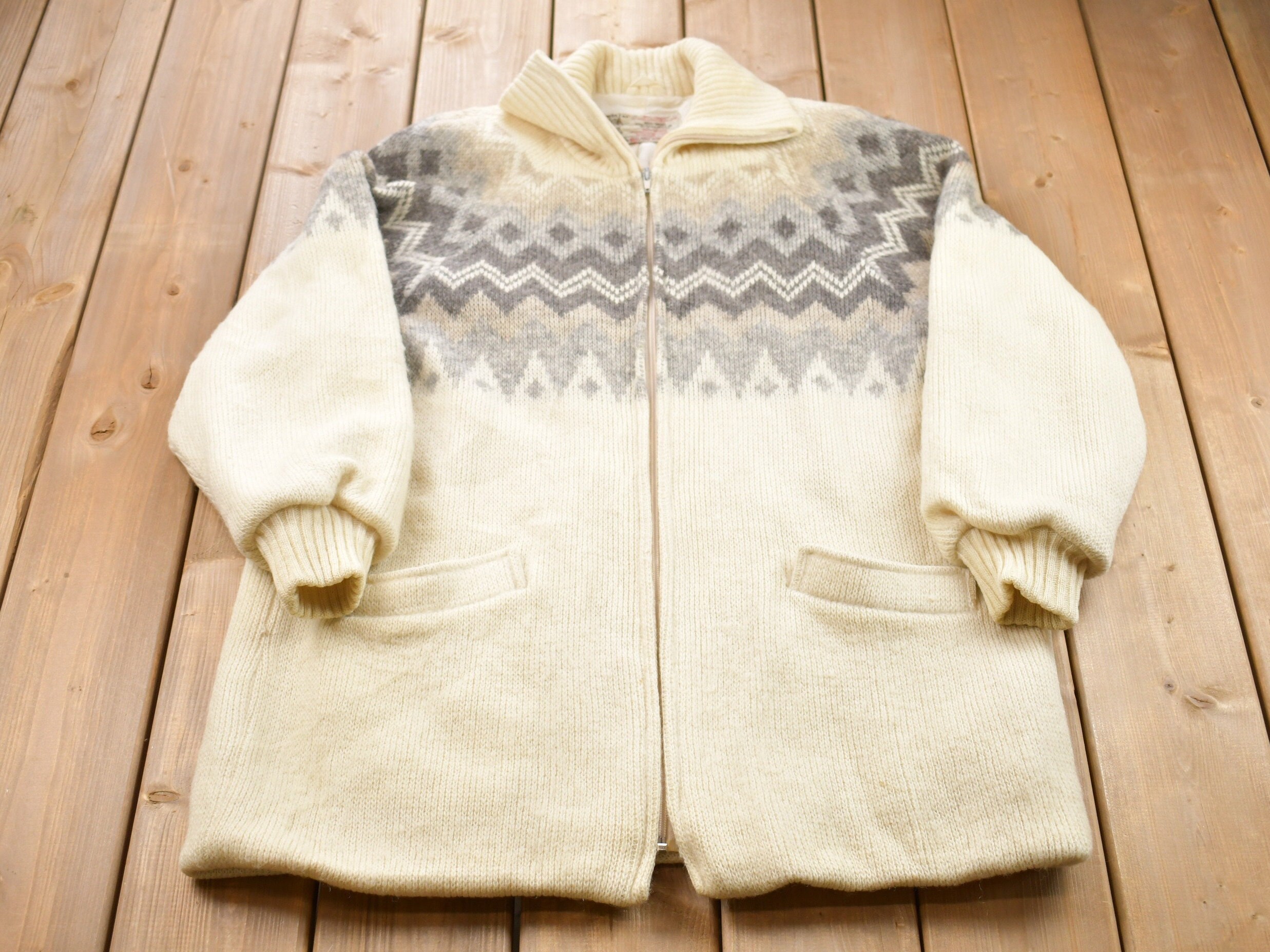 Vintage 1980s Nordic Wool Full Zip Knit Sweater / Vintage