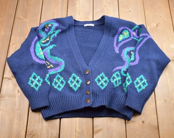 Vintage 1990s Gallagher Knitted Cardigan Sweater / Vintage 90s Cardigan/ Abstract Art Pattern Print / Diamond Graphic / Gallagher Apparel