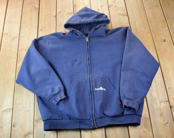 Vintage Distressed Carhartt Navy Full Zip Thermal Lined Hoodie Sweatshirt / Workwear / Streetwear / 80s / 90s / Heavy Cotton Vintage Zip Up
