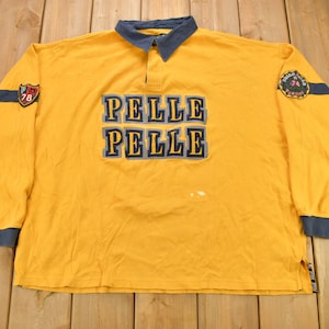 Vintage 1990s Marc Buchanan Pelle Pelle Yellow Rugby Sweater / 90s Crewneck / Streetwear / Embroidered / Patchwork