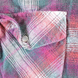 Puede incluir: Primer plano de una camisa a cuadros colorida con un bolsillo. La camisa presenta un patr&oacute;n de rayas rosas, turquesas y blancas. Un bot&oacute;n de presi&oacute;n plateado asegura la solapa del bolsillo.