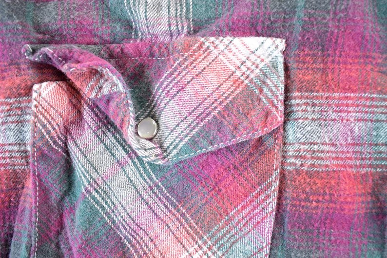 Puede incluir: Primer plano de una camisa a cuadros colorida con un bolsillo. La camisa presenta un patr&oacute;n de rayas rosas, turquesas y blancas. Un bot&oacute;n de presi&oacute;n plateado asegura la solapa del bolsillo.