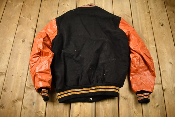 Vintage 1980s Orange & Black Leather Varsity Jack… - image 2