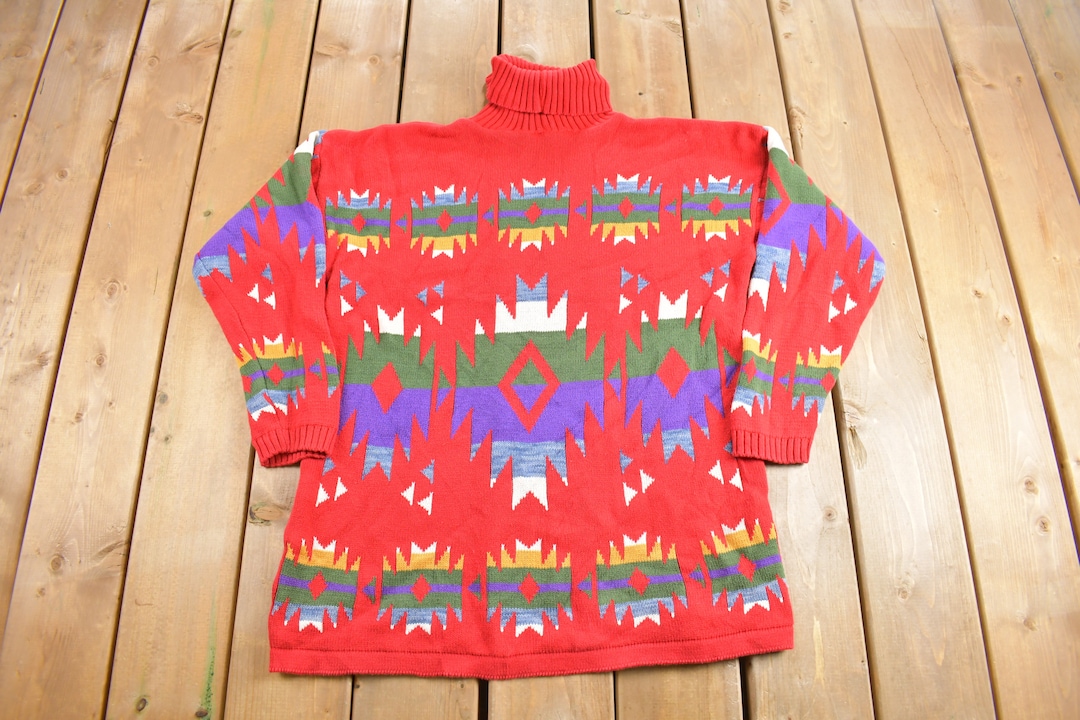 Vintage 1990s Aztec Pattern Knit Turtleneck Sweater / Vintage ...