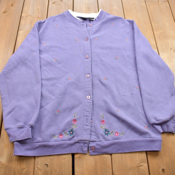 Vintage 1990s Jenny Buchanan Flower Details Cardigan Sweater / Vintage Cardigan / Button Up / Patchwork / Embroidered / Made In USA