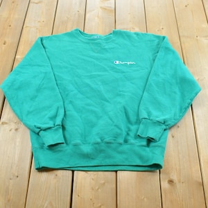 Vintage 1990s Champion Teal Embroidered Spellout Crewneck Sweatshirt Men's S / 90s Script Logo / Pullover Sweater / Streetwear