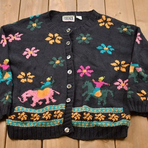 Vintage 1990s Forenza Sportswear Knitted Cardigan Sweater / Vintage 90s Cardigan / Pattern Sweater / Elephant Print / Floral Print