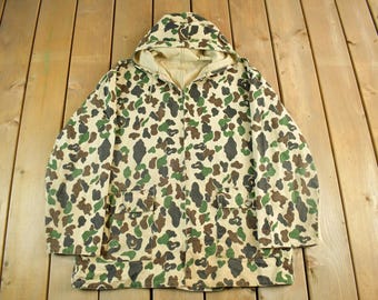 Vintage 1980s Duck Camouflaged Zip Up Hooded Hunting Jacket Men's XL / All Over Print /  Hunting Gear Gear / Duck Camo / Outdoors