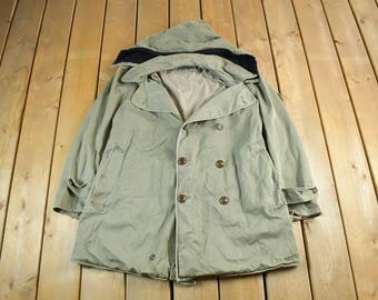 Vintage 1951 A. Dubois & Sons Hooded Wool Lined Overcoat Men's Medium / O.D 7 Trench Jacket / 50s True Vintage / Zweireiher