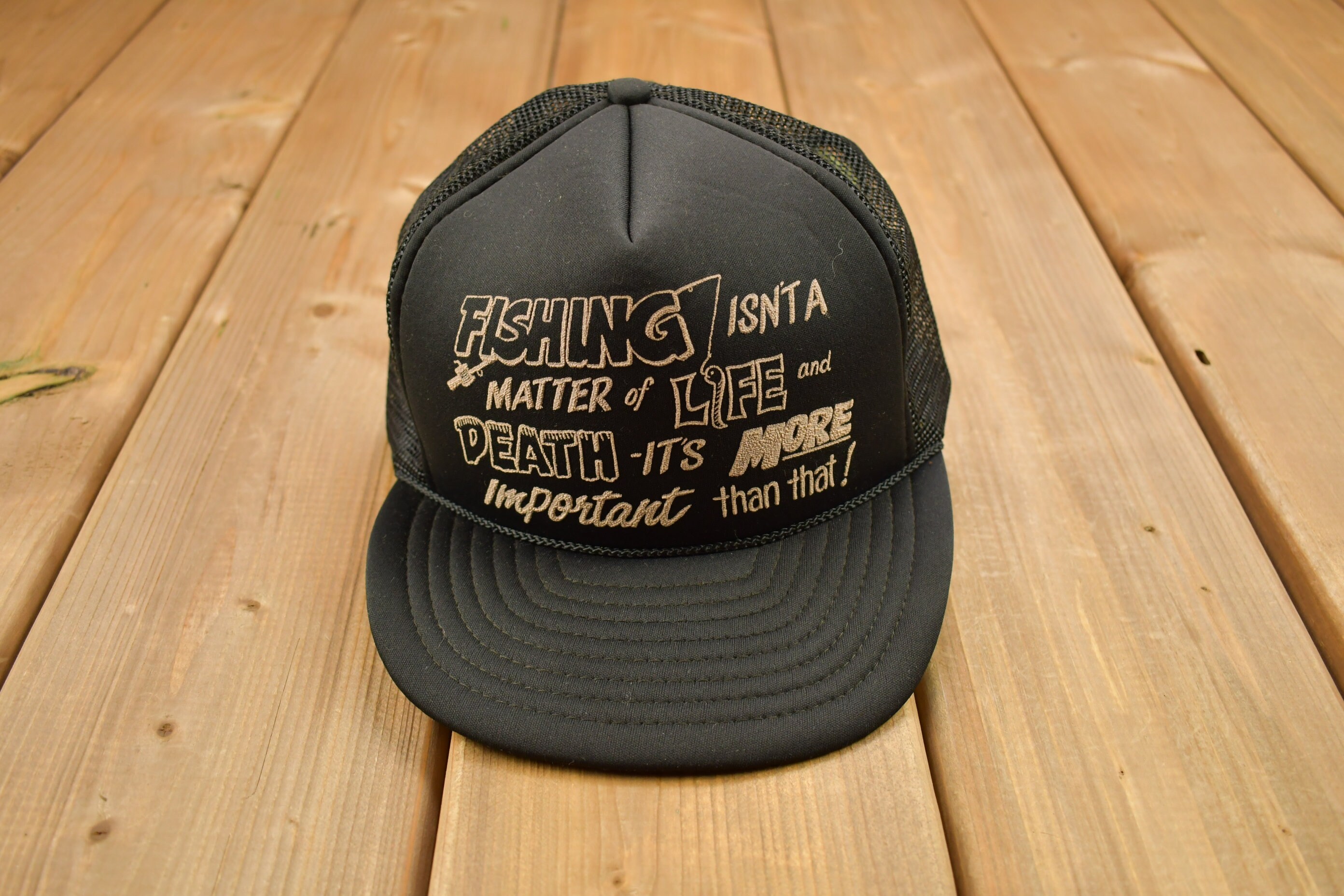 Vintage 1990s Funny Fisherman Theme Trucker Hat / OSFA / 90s Mesh Trucker Hat / Vintage Snap Back / Souvenir Cap / Summer Hat