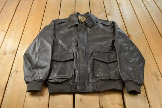 Vintage 1990s L.L. Bean Leather A-2 Flight Jacket Men's Large / Leather Bomber Jacket / 90s LL Bean / Sun Faded / Distressed