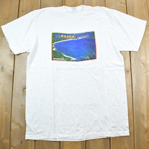 May include: White t-shirt with a graphic of a beach scene and the text "Bahia, Brasil".
