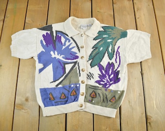 Cárdigan de punto floral vintage de los años 90, manga corta, para mujer, tallas S-M / Punto con botones / Suéter de abuela de los 90 / Lindo / Russ Petite