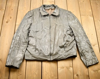 Vintage leren motorjas jaren 80 / grijze leren jas / winterbovenkleding / streetwear mode / bikerstijl