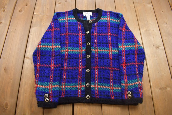 トップス 80s knit cardigan Vintage 80s Navy Blue Knit Cardigan Sweater With Floral