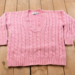Vintage 1990s Stratosphere Cable Knitted V Neck Sweater / Vintage 90s Knit / Cable Knit / Colorful / Sweatshirt / Pink Knit Sweater