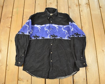 Vintage 1990-tals Express Rider westernskjorta med hästtema, pärltryckknappar, herrskjorta, stor / Vintage cowboyskjorta / rodeoskjorta