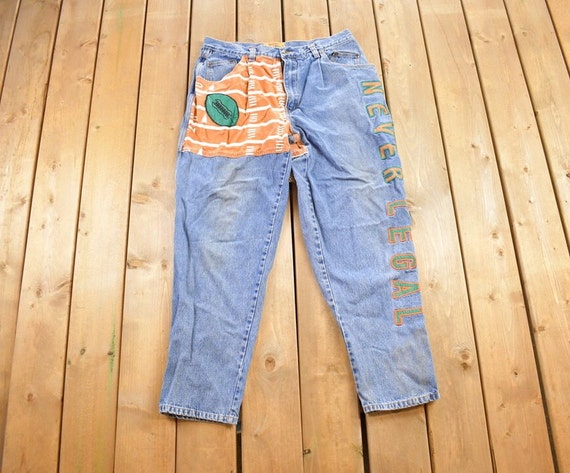 Vintage 1980s Never Legal Denim Jeans Size 38x32/ Patchwork Vintage 1980s Never Legal Denim Jeans Size 38x32/ Patchwork
