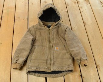 Vintage 1990s Carhartt Hooded Distressed Work Jacket Youth XS / Workwear / Streetwear / Carhartt Jacket / Carhartt Zip Up