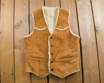 Vintage 1980s Muntgumery Ward Sherpa Lined Western Denim Button Up Vest / Full Zip Streetwear Fashion & Retro Style / Sherpa / Western