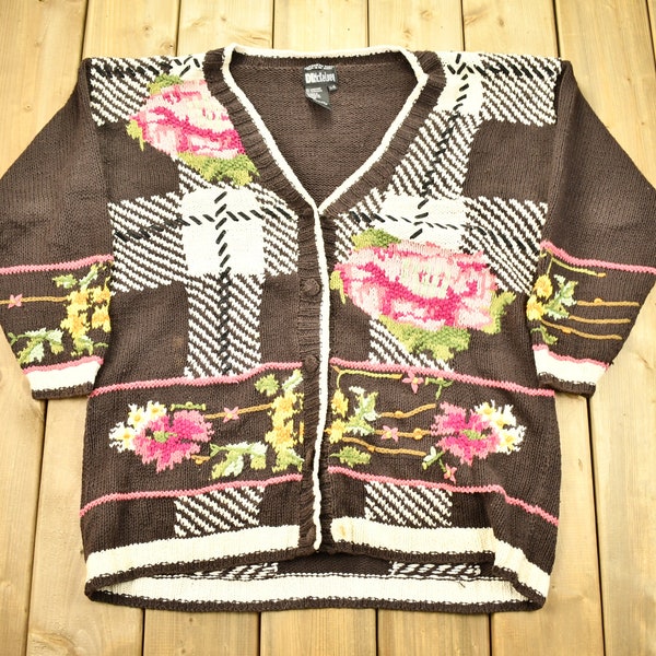 Vintage 1990s DL McKelvey Hand Knitted Cardigan Sweater / Vintage Cardigan / Button Up / Patchwork / Floral Sweater